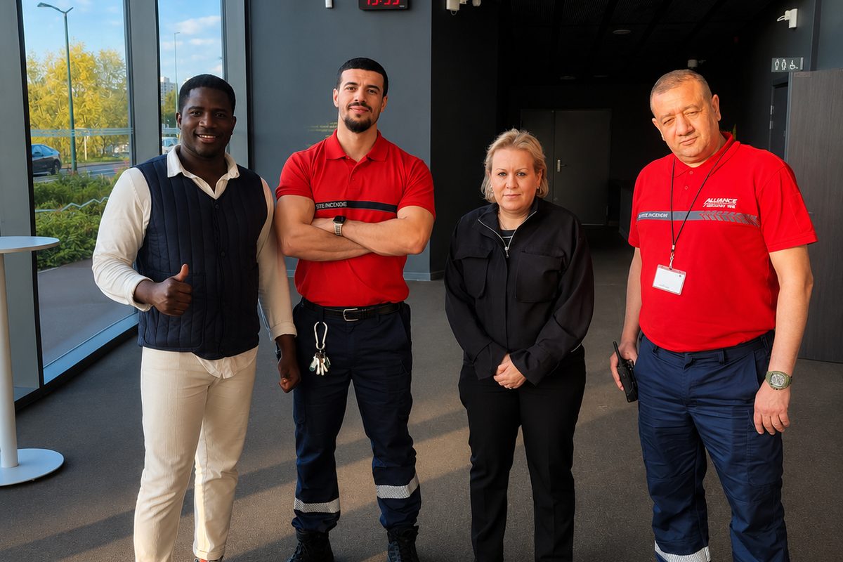 Équipe d'agents de sécurité et d'incendie en poste dans le hall d'un site