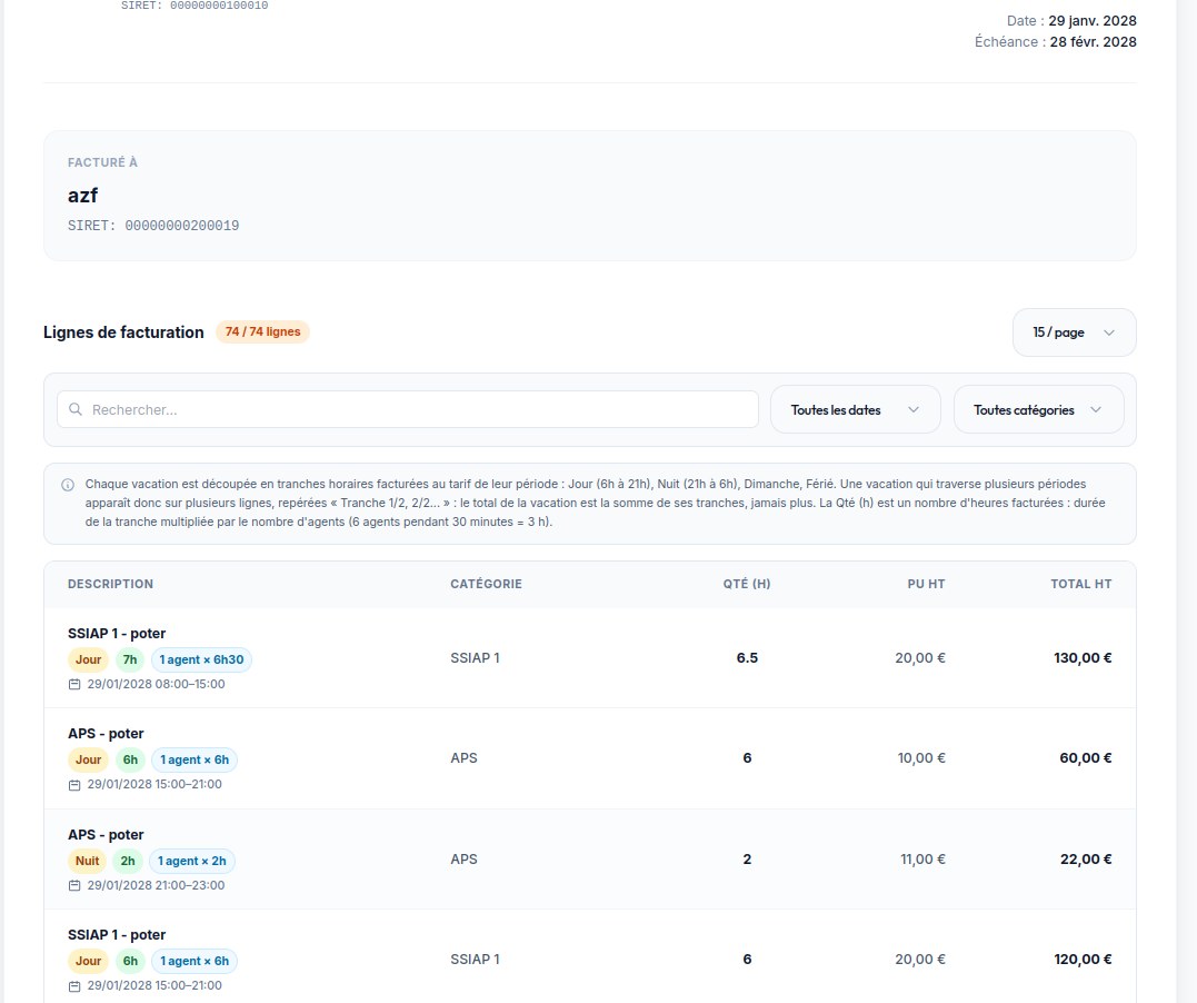 Facture client détaillée par tranche horaire et par qualification